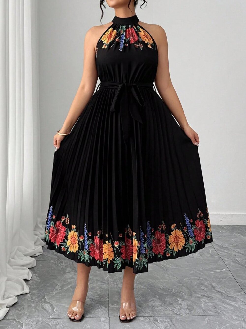 Multicolor Elegant Women's Floral Print Ruched Waist Cinched Halter Dress